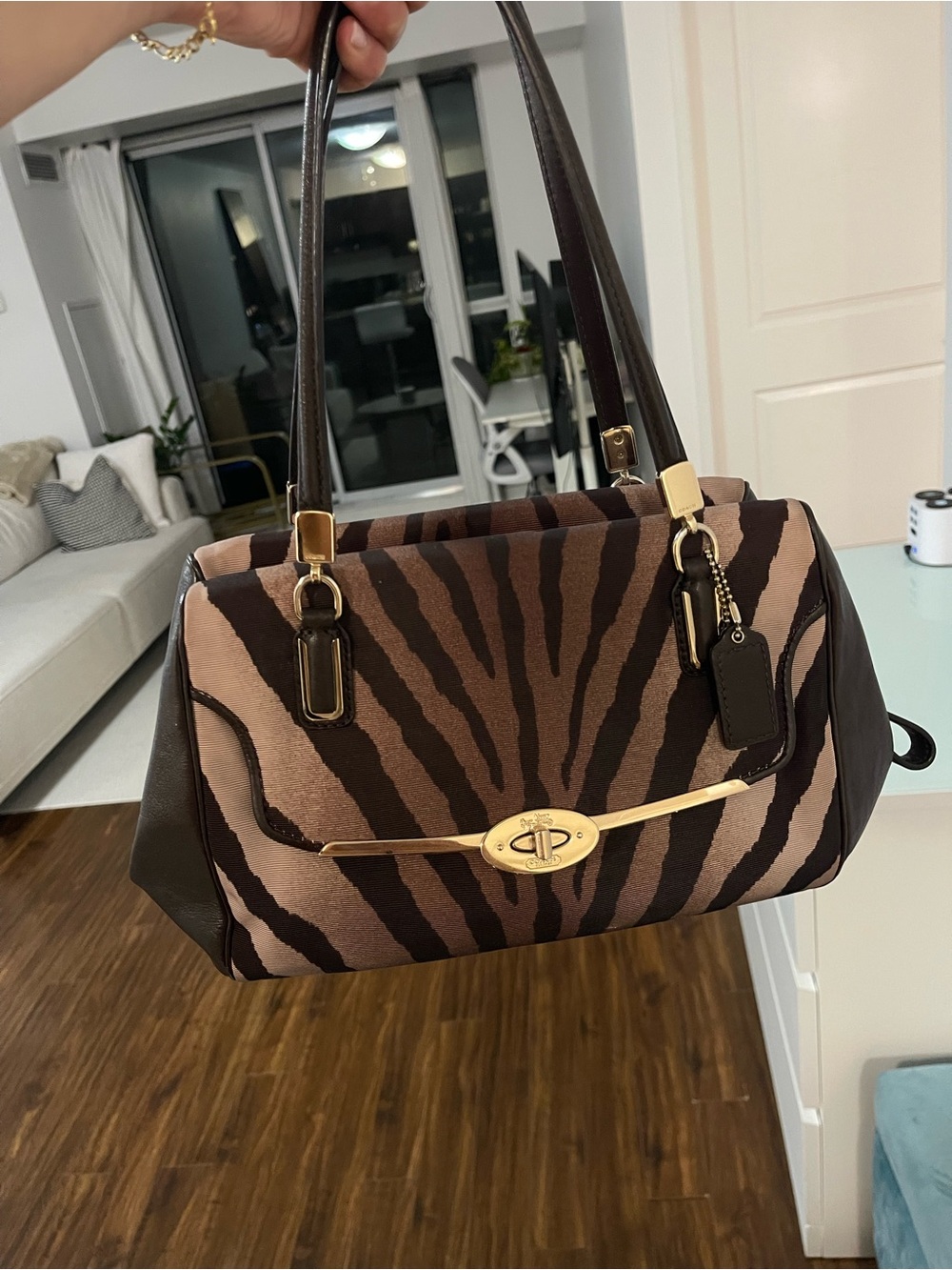 Coach Zebra-Print Satchel in Brown and Tan with Gold Hardware